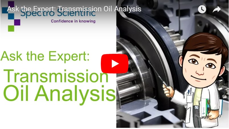 Drawing of a man in a lab coat pointing at a cog with the words: Ask the Expert: Gear Box oil analysis