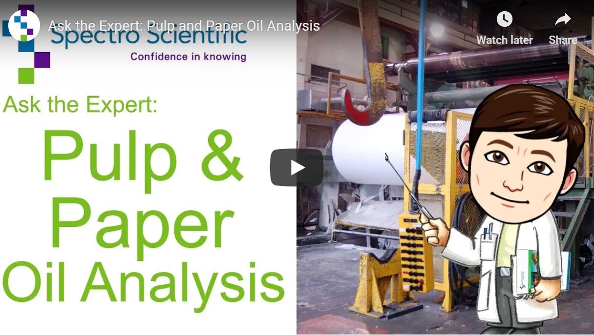 Drawing of man in lab coat pointing at industrial roll of paper with wording: Ask the Expert: Pulp and paper analysis