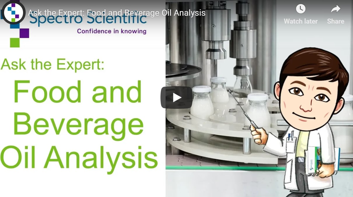 Drawing of man in lab coat pointing at bottle filling machine. Wording Ask the Expert: Food and beverage oil analysis